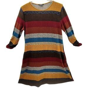 Robert Louis Striped Stretchy Boat Neck Scrunch Sleeve Midi ALine Dress